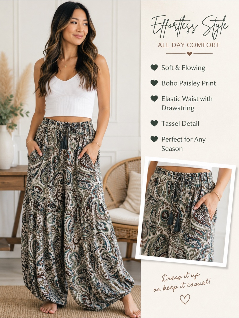 GIGIO USA Paisley Harem Pants Size S White Brown Green